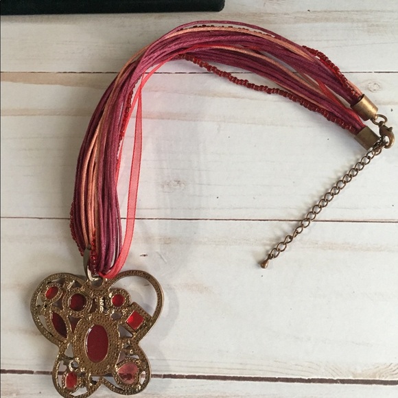 Gorgeous Red Cord Ribbon Butterfly Necklace Vintage OSFM - Picture 2 of 4